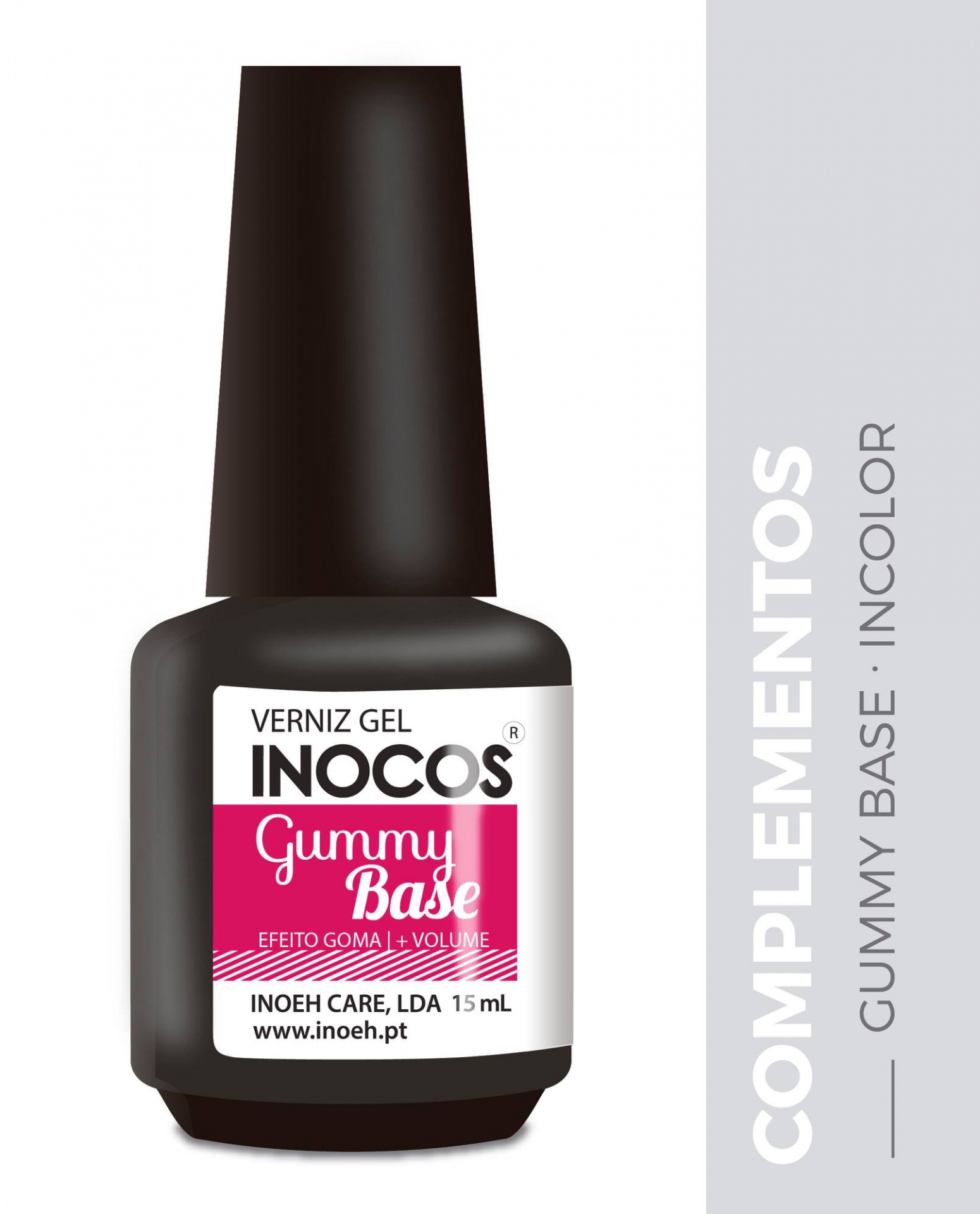 Frasco de verniz gel INOCOS Gummy Base preto com rótulo branco e rosa