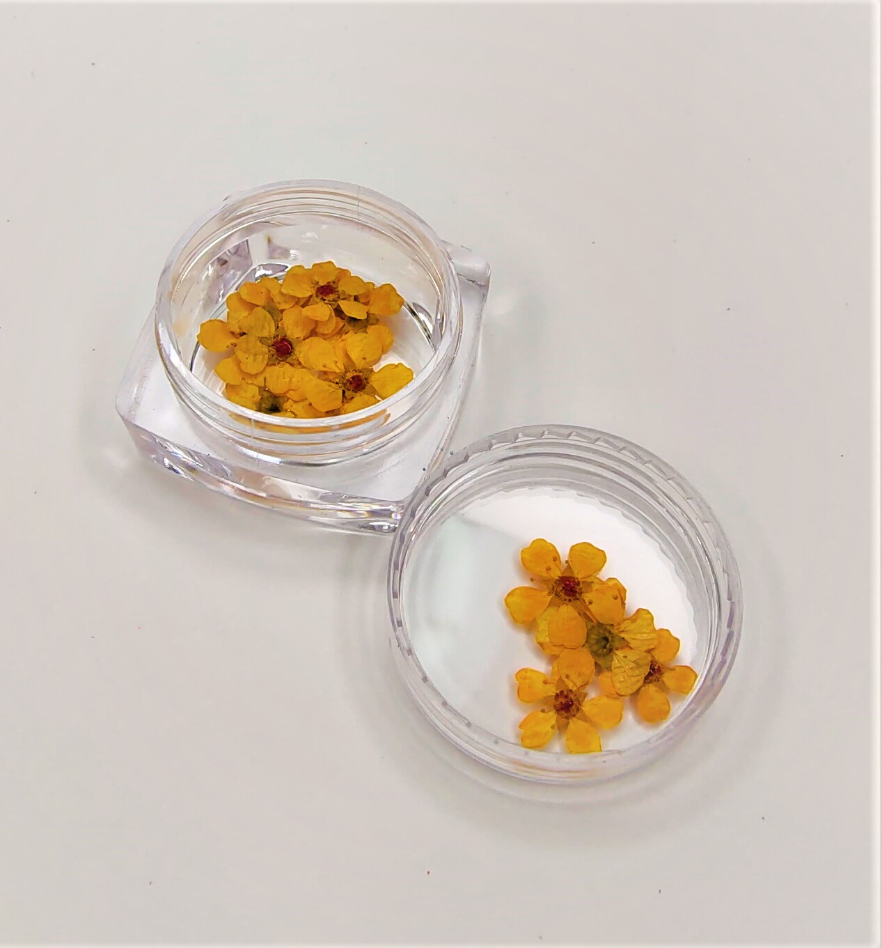 Frasco transparente com flores secas amarelas sobre mesa branca