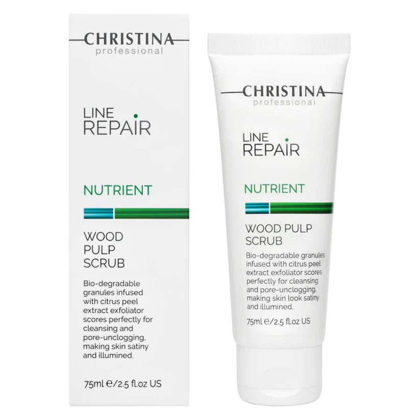 Embalagem branca de esfoliante Christina Professional Line Repair Nutrient Wood Pulp Scrub com texto em preto, verde e azul