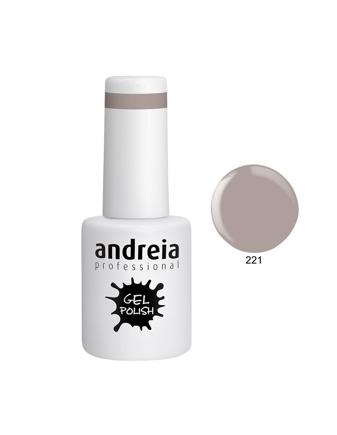 Frasco branco de verniz gel para unhas Andreia Professional com amostra de cor cinza taupe.