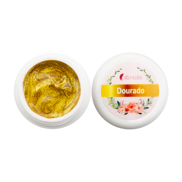 Gel dourado em pote branco com tampa decorada e texto sb nails Dourado