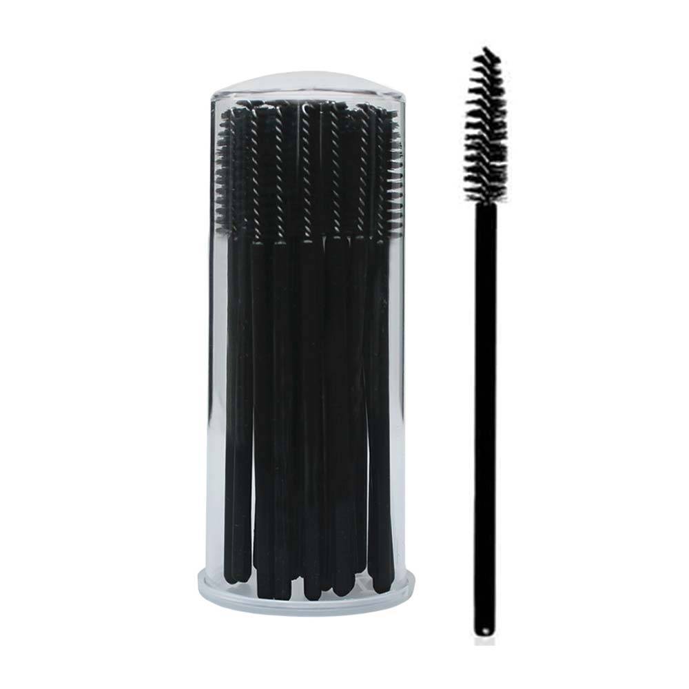 Escovas aplicadoras pretas para pestanas e sobrancelhas dentro de recipiente transparente cilíndrico
