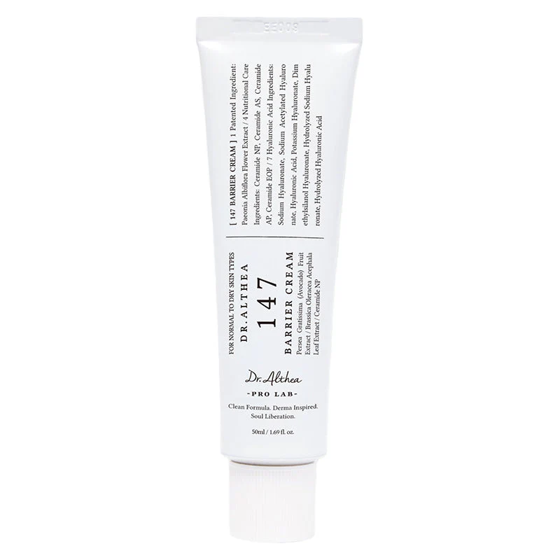 Tubo branco de creme facial Dr.Althea 147 Barrier Cream com texto preto e tampa de rosca branca