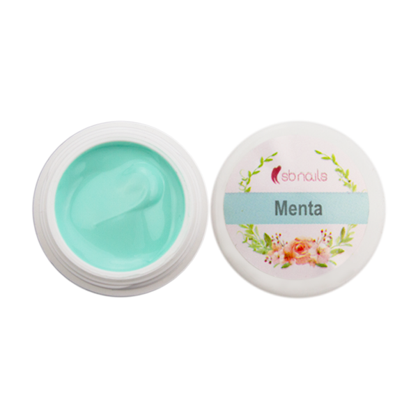 Recipiente branco aberto com creme verde água e tampa com etiqueta 'sbnails Menta'