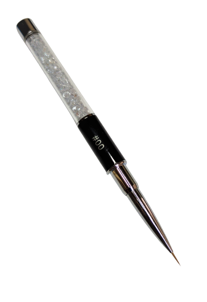 Pincel fino para unhas com cabo transparente e cristais e ponta metálica prateada