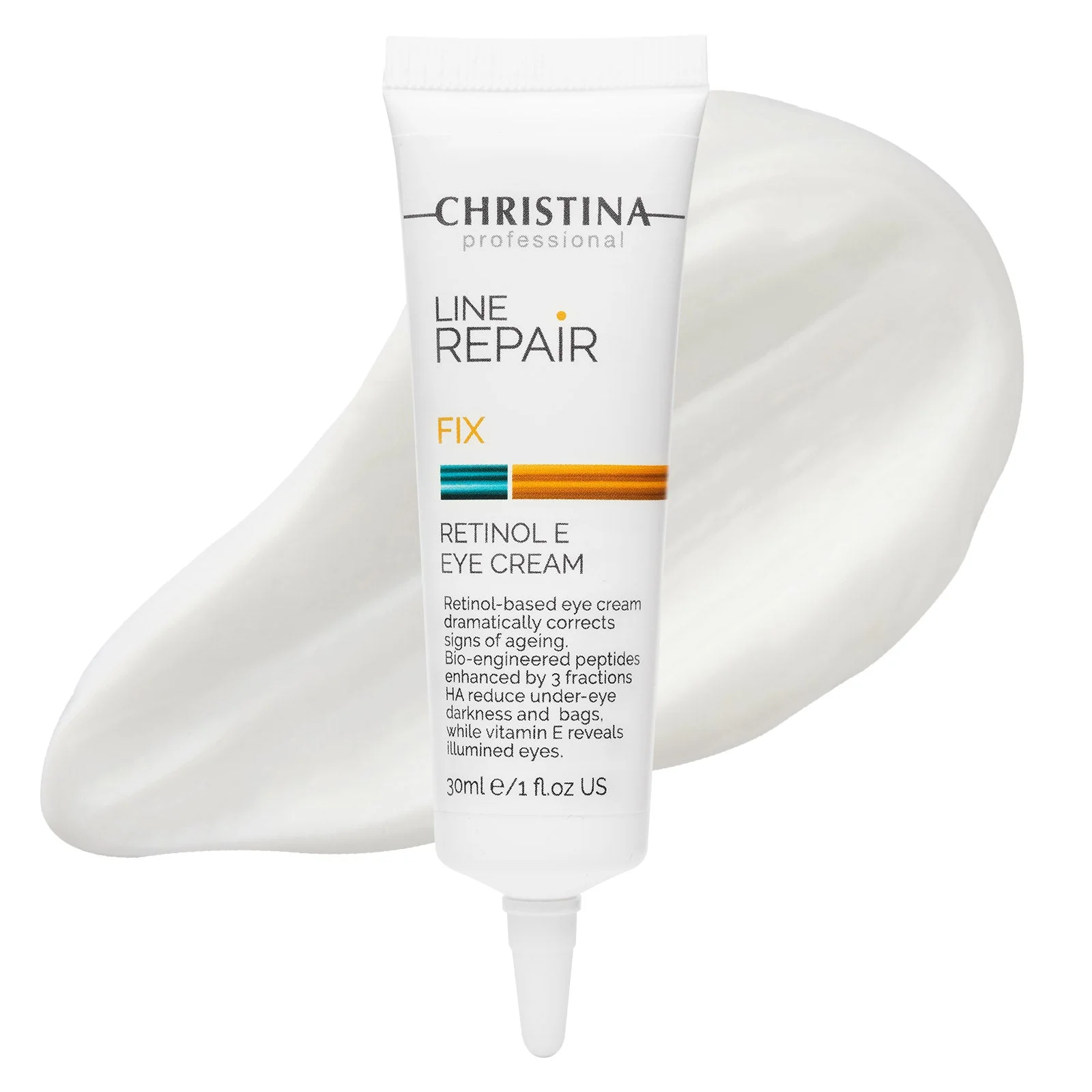 bisnaga branca de creme para olhos com texto Christina line repair fix