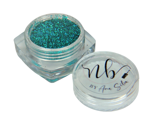Pó de glitter azul-turquesa em frasco transparente com tampa rotulada