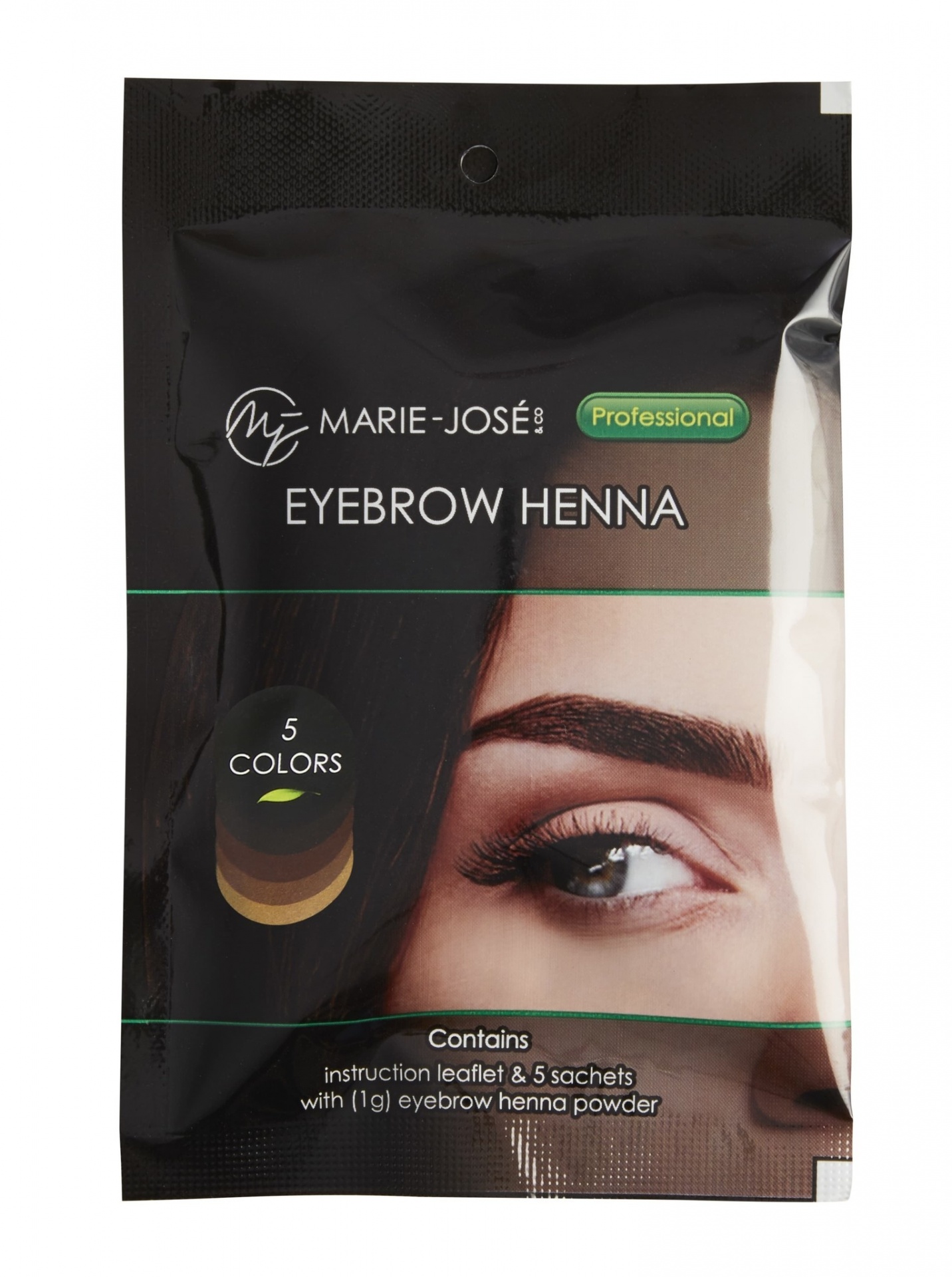 Saco preto de henna para sobrancelhas MARIE-JOSÉ Professional com 5 cores e imagem de um olho e sobrancelha