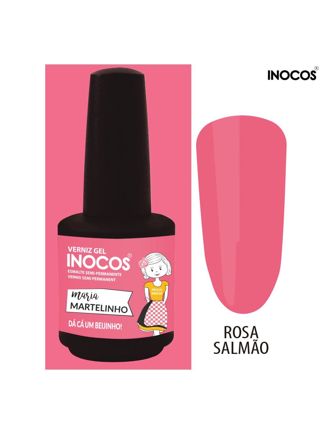 Verniz gel INOCOS rosa salmão com rótulo com desenho e texto