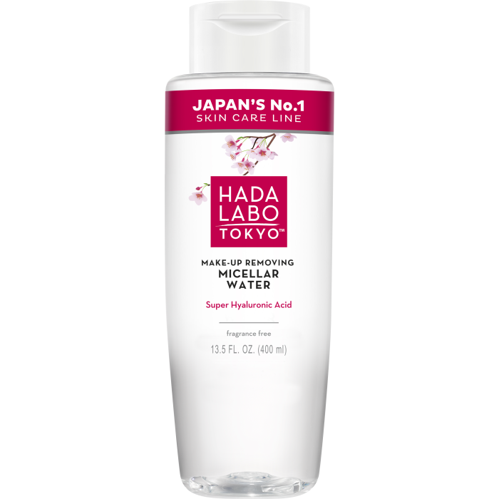 Frasco translúcido branco de água micelar Hada Labo Tokyo com texto e flores