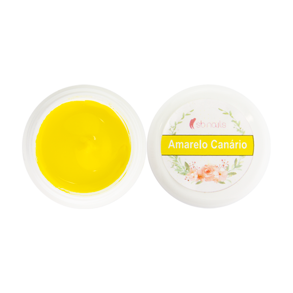 Pote de gel para unhas amarelo com tampa branca e texto Amarelo Canário