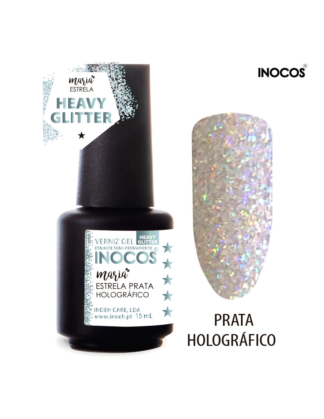 Verniz gel INOCOS com glitter pesado holográfico prata e amostra em forma de unha