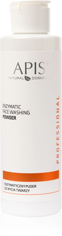 Frasco branco de pó para lavar rosto da APIS Natural Cosmetics com texto em inglês e polaco