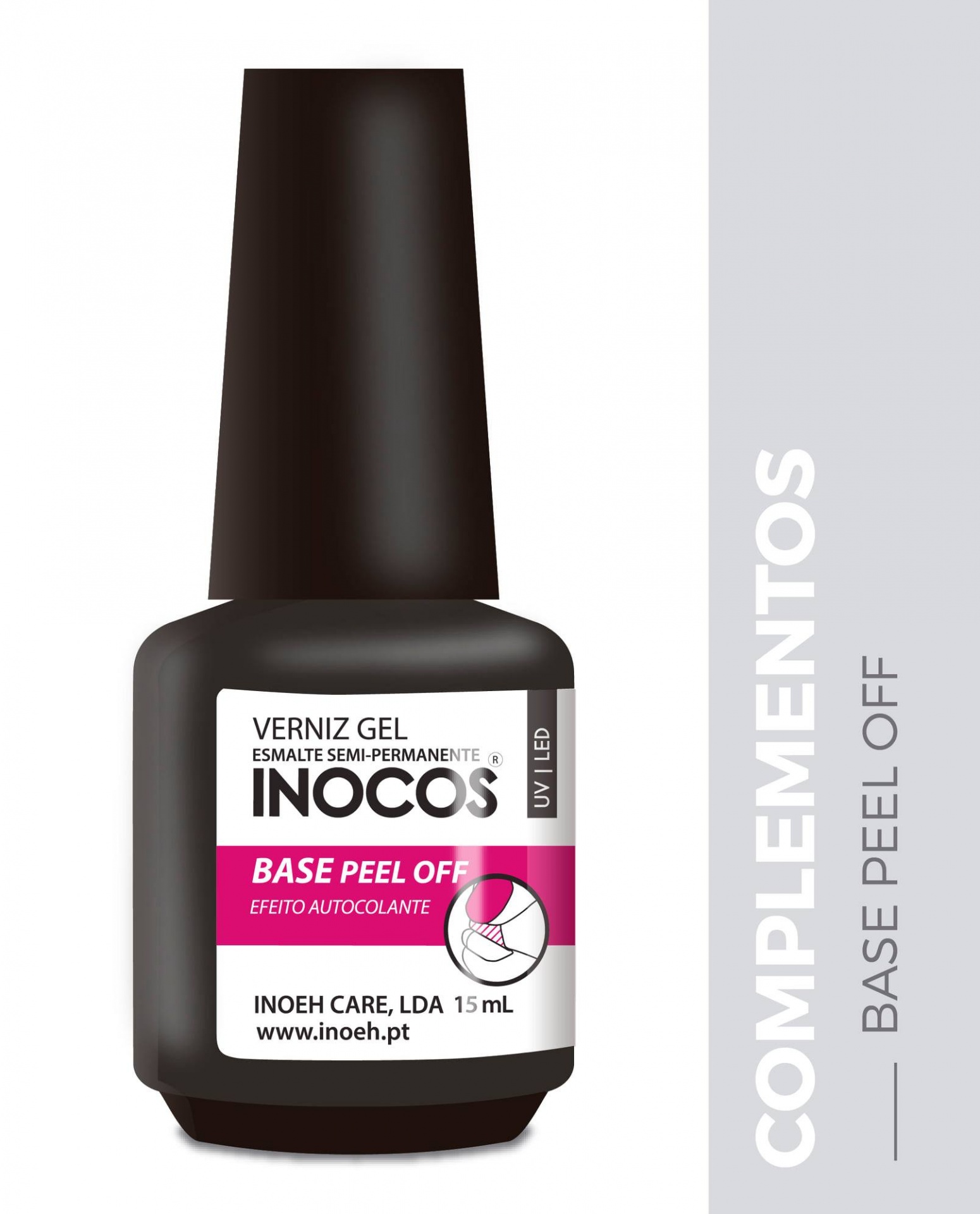Frasco preto de verniz gel base peel off da marca Inocos com rótulo branco e rosa.