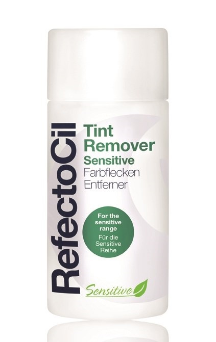 Frasco branco de produto RefectoCil Tint Remover Sensitive com texto preto e verde