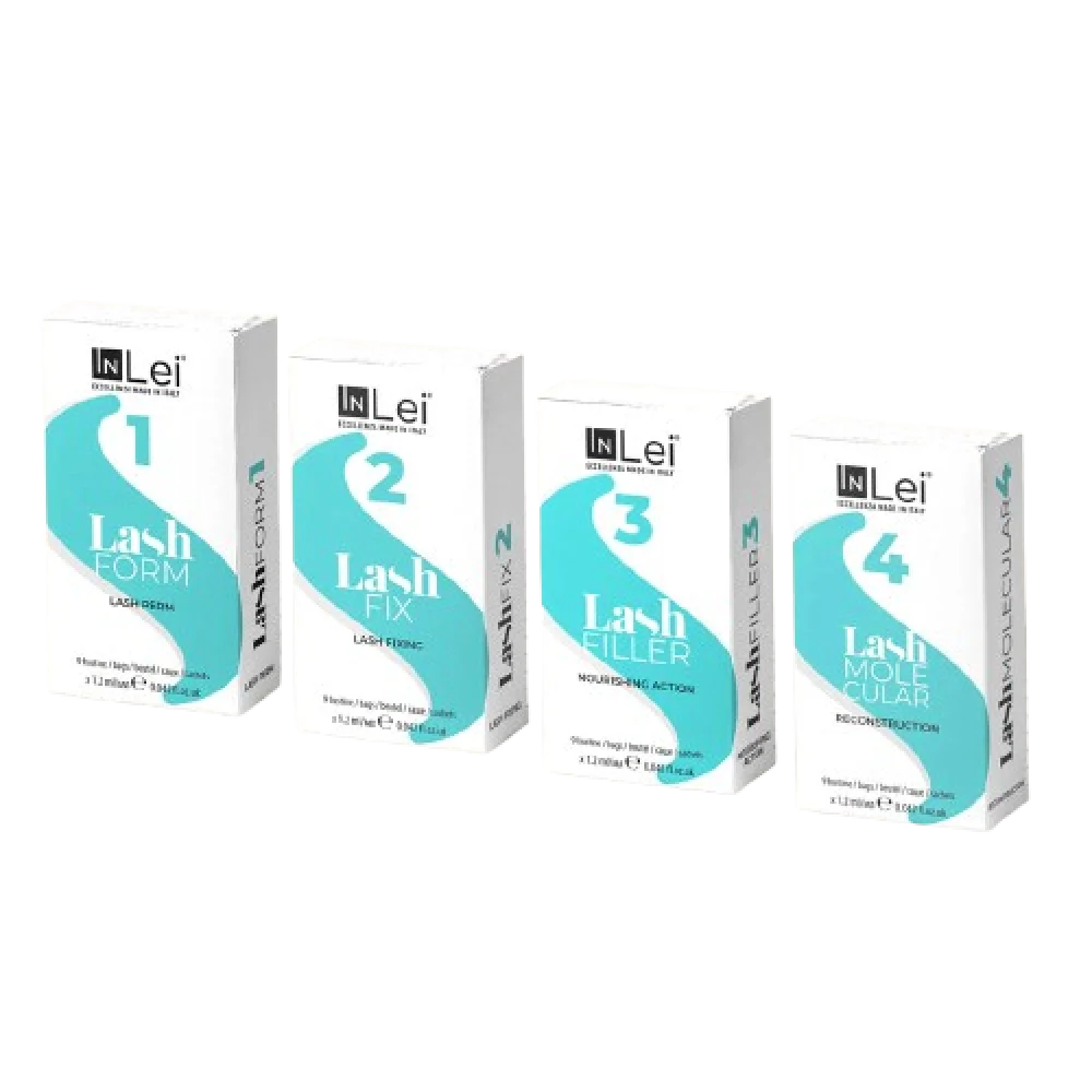 Quatro caixas de produtos IN Lei Lash numeradas de 1 a 4 com design branco e azul