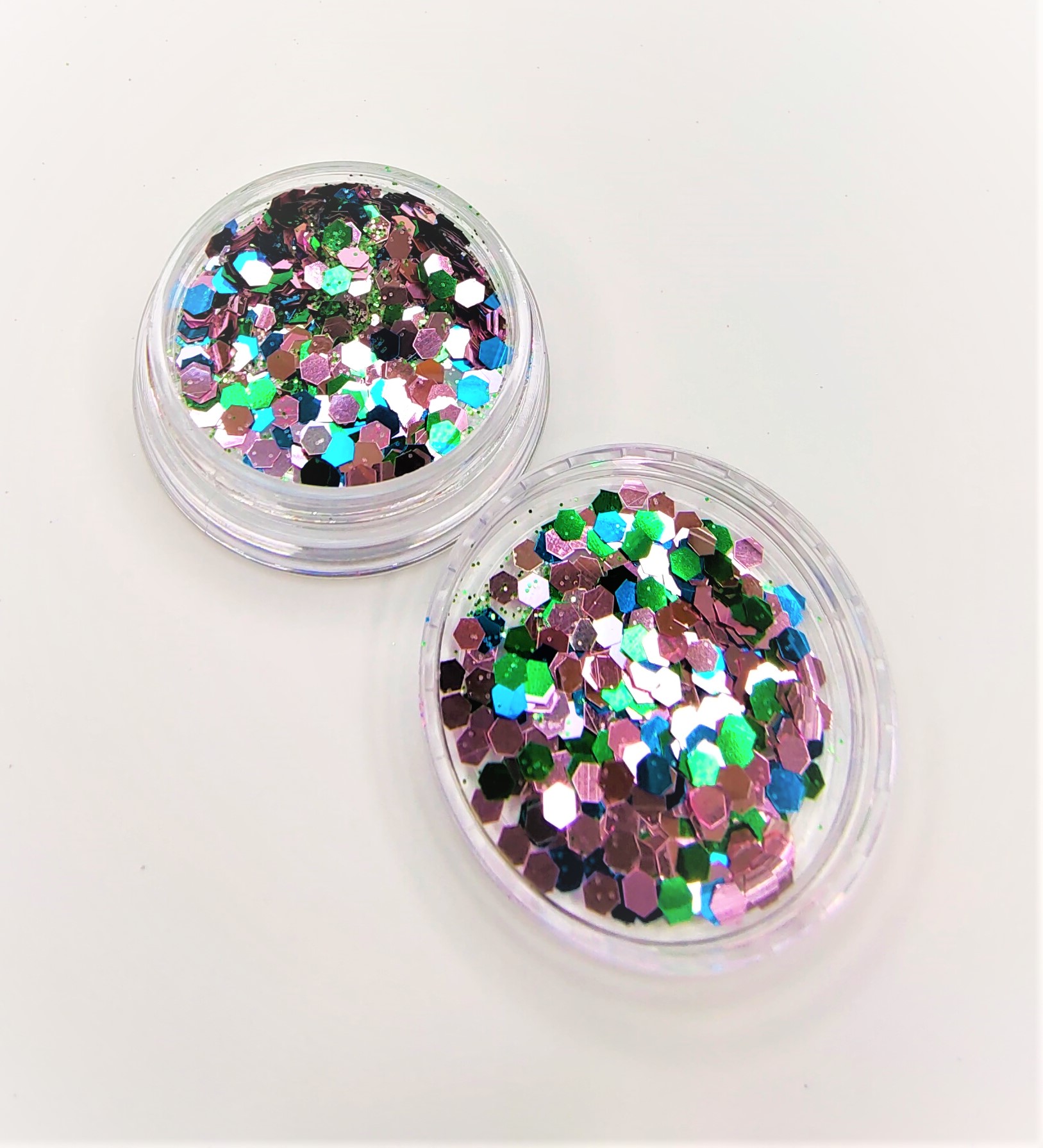 Caixas redondas transparentes com glitter hexagonal colorido