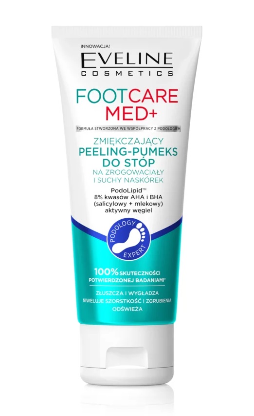 Creme esfoliante para pés Eveline Cosmetics em bisnaga branca com azul e vermelho