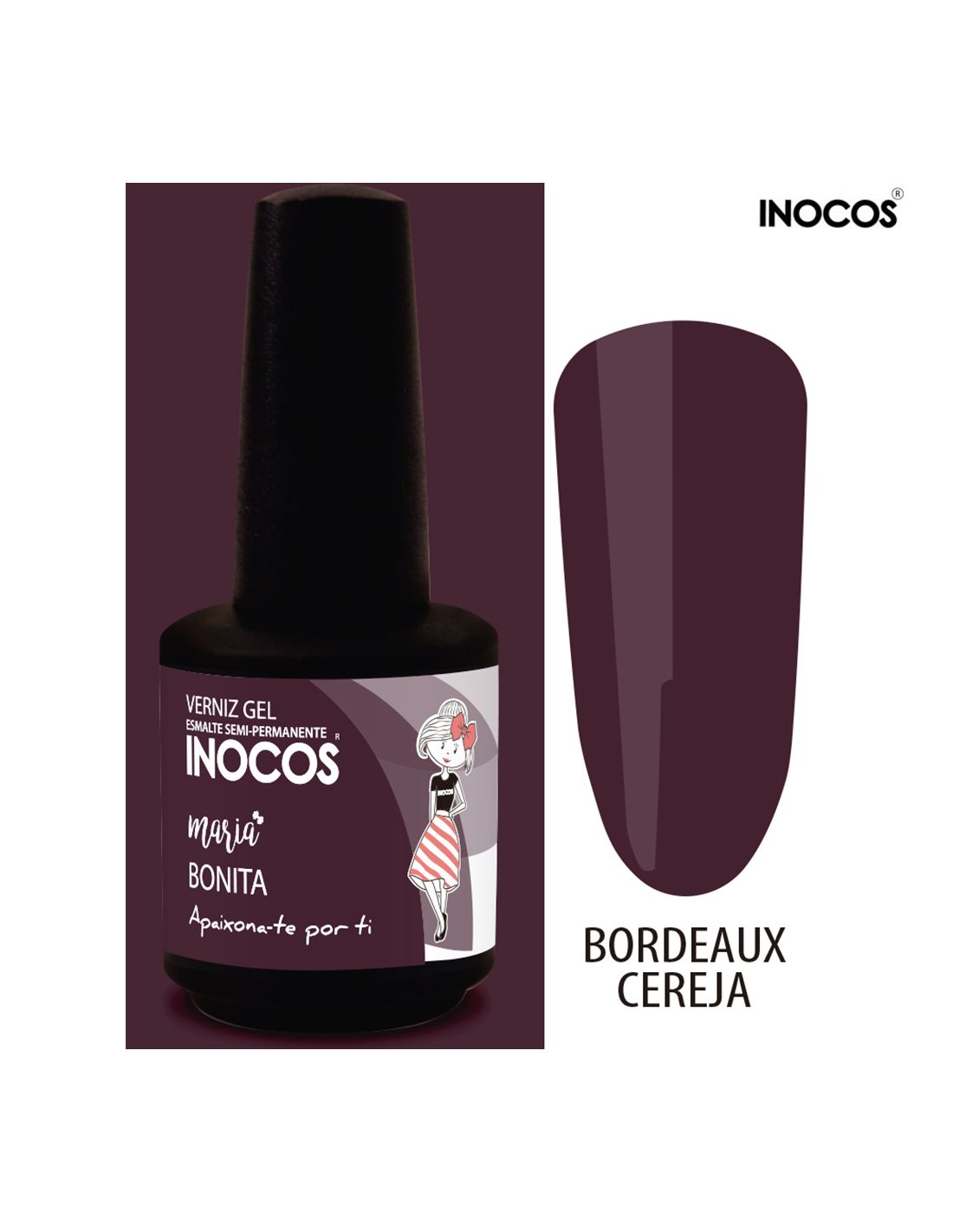 Frasco de verniz gel INOCOS cor Bordeaux Cereja com rótulo lilás e amostra de cor.