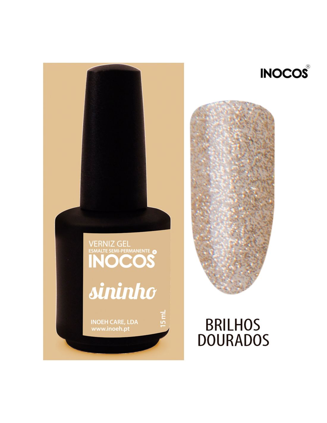 Esmalte gel INOCOS sininho com brilhos dourados em embalagem preta
