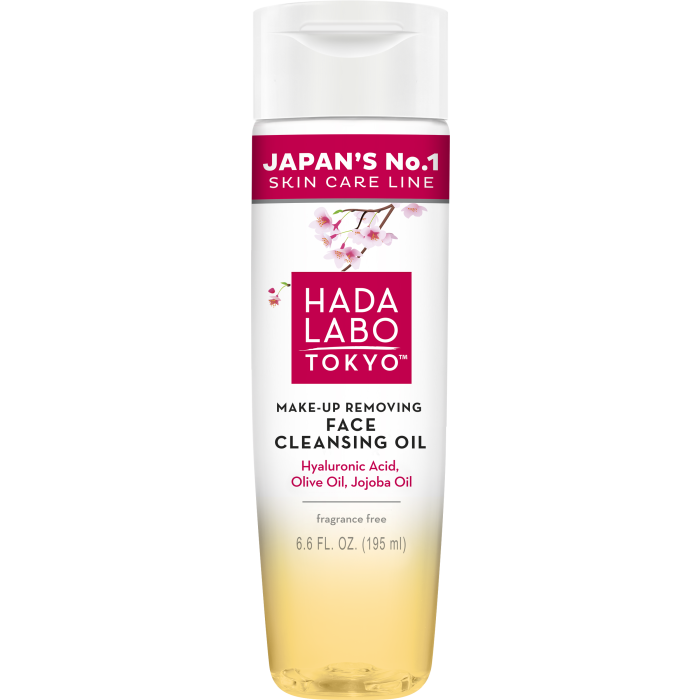 Frasco de óleo de limpeza facial Hada Labo Tokyo com texto em inglês e cores branca, vermelha e amarela