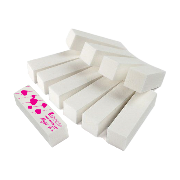 Conjunto de blocos de unhas brancos com texto rosa em um deles.