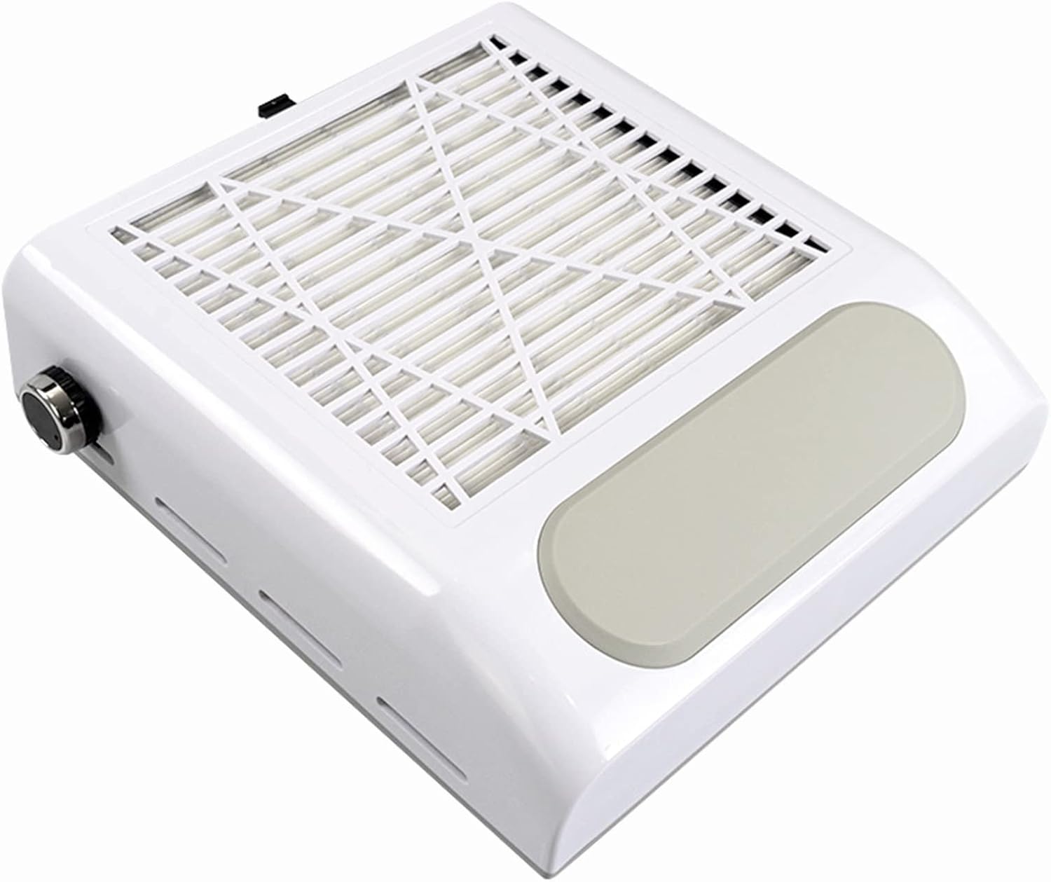 aspirador de mesa branco com grelha superior e botão preto lateral
