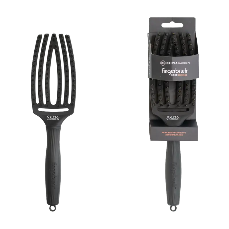 Escova para cabelo preta Olivia Garden em embalagem com texto