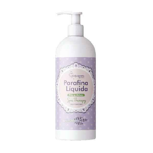 Frasco branco de parafina líquida com válvula e rótulo lilás decorado.