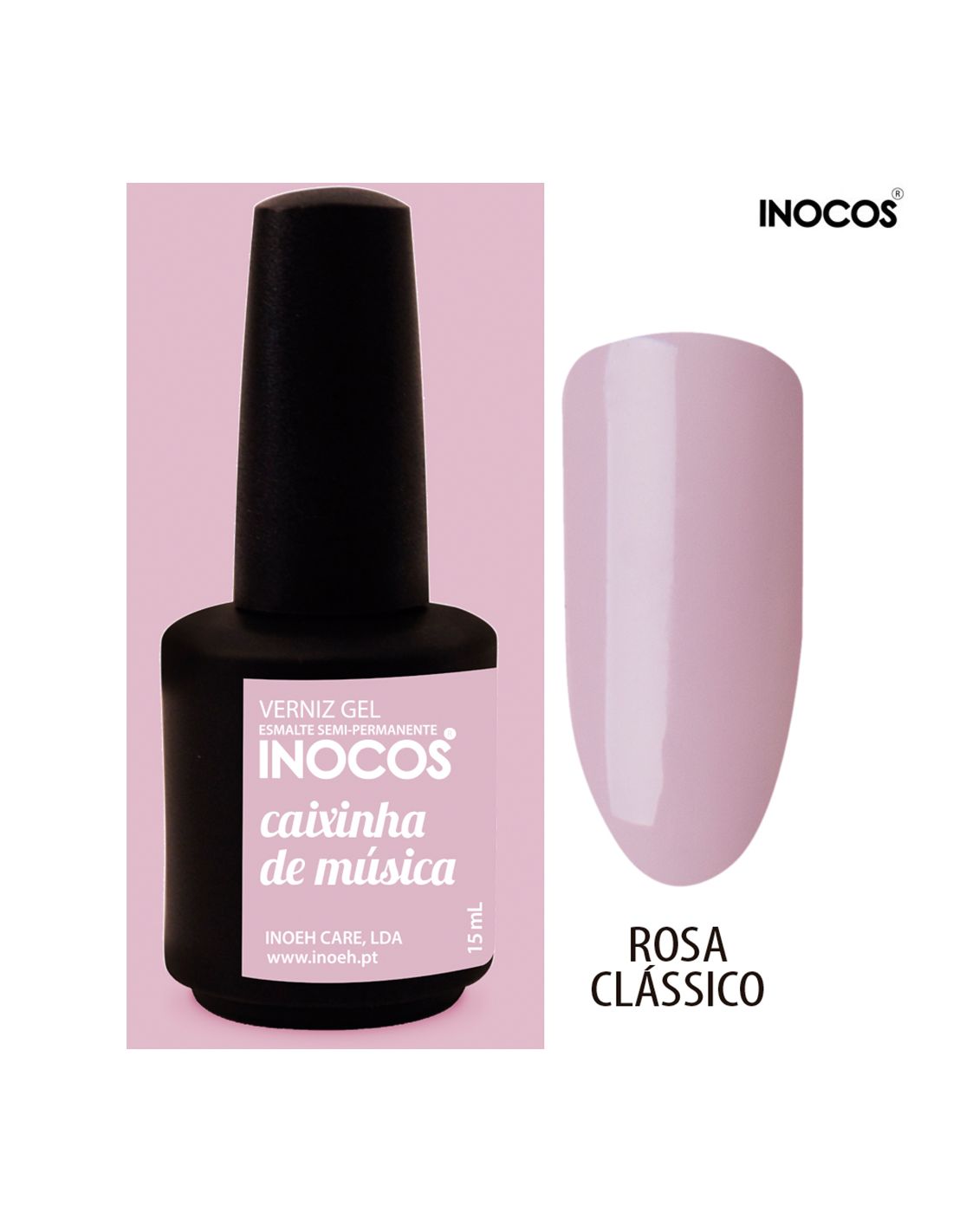 Verniz gel INOCOS caixinha de música rosa clássico em embalagem preta com rótulo rosa e amostra da cor em unha.