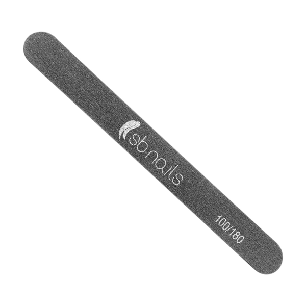 Lima de unhas cinza escuro com texto branco