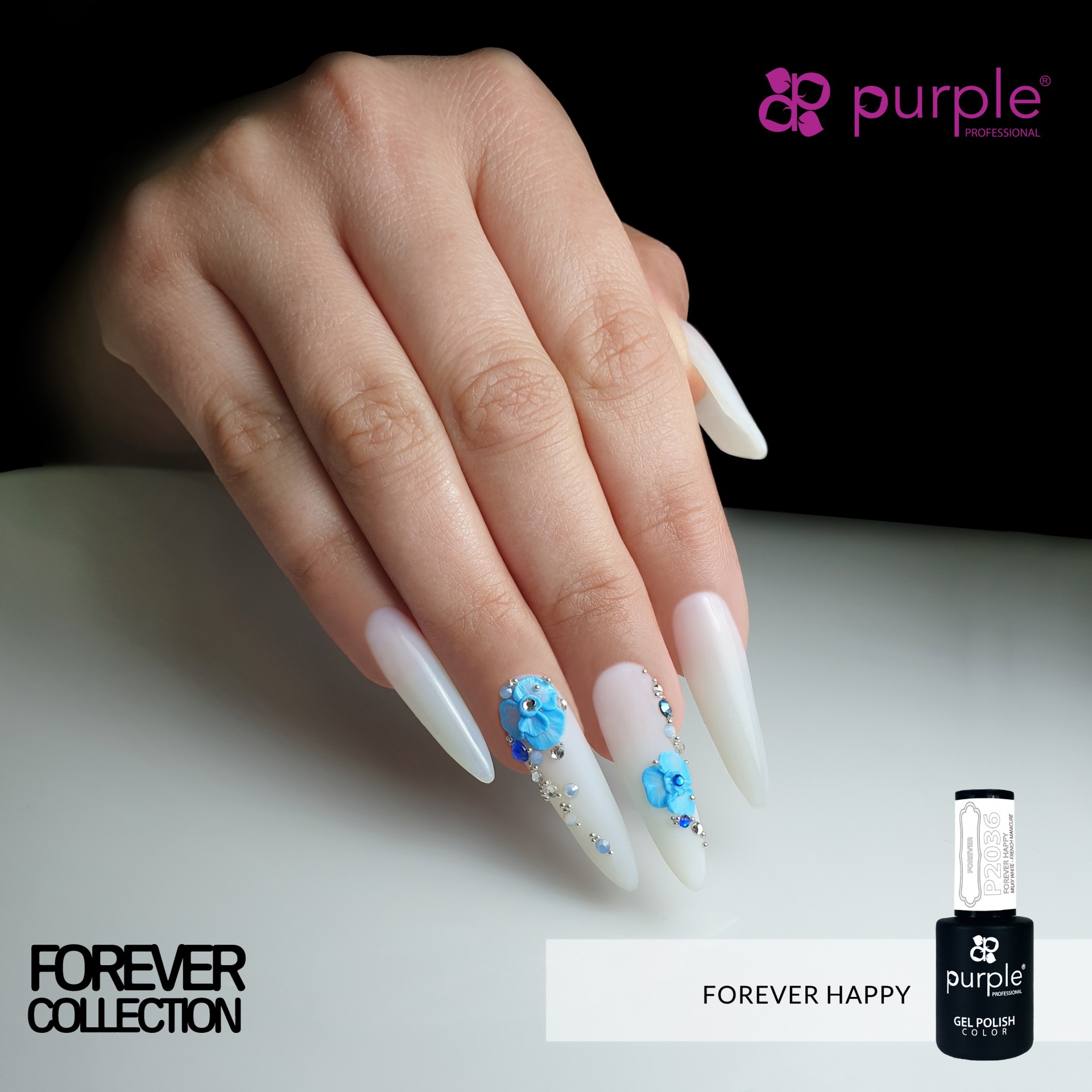 Unhas brancas com decoração azul e frasco de verniz gel Purple Professional