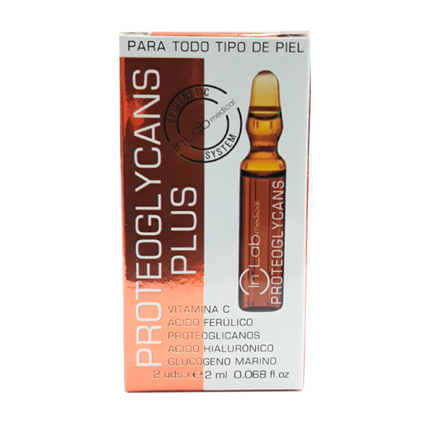 Embalagem do produto Proteoglycans Plus com ampolas laranja e descrição de ingredientes para todo tipo de pele