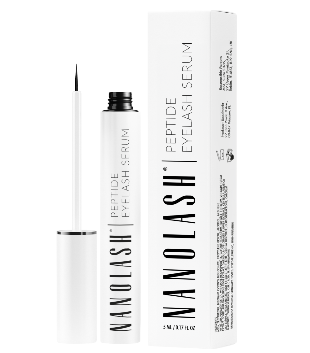 Frasco e embalagem branca de sérum para pestanas Nanolash Peptide Eyelash Serum