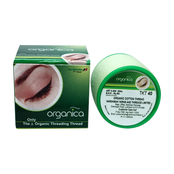 Fio de algodão orgânico para depilação, embalagem verde com imagem e texto