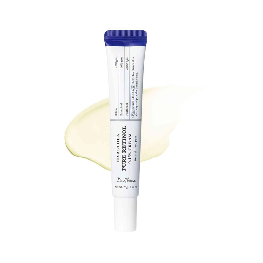 Tubinho branco e azul de creme DR.ALTHEA PURE RETINOL 0.15% CREAM com texto