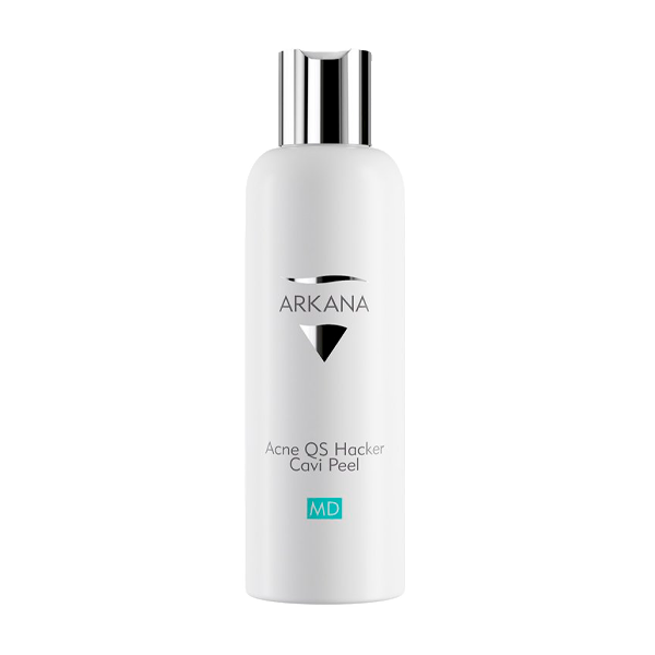Frasco branco do produto Arkana Acne QS Hacker Cavi Peel com tampa prateada e texto preto