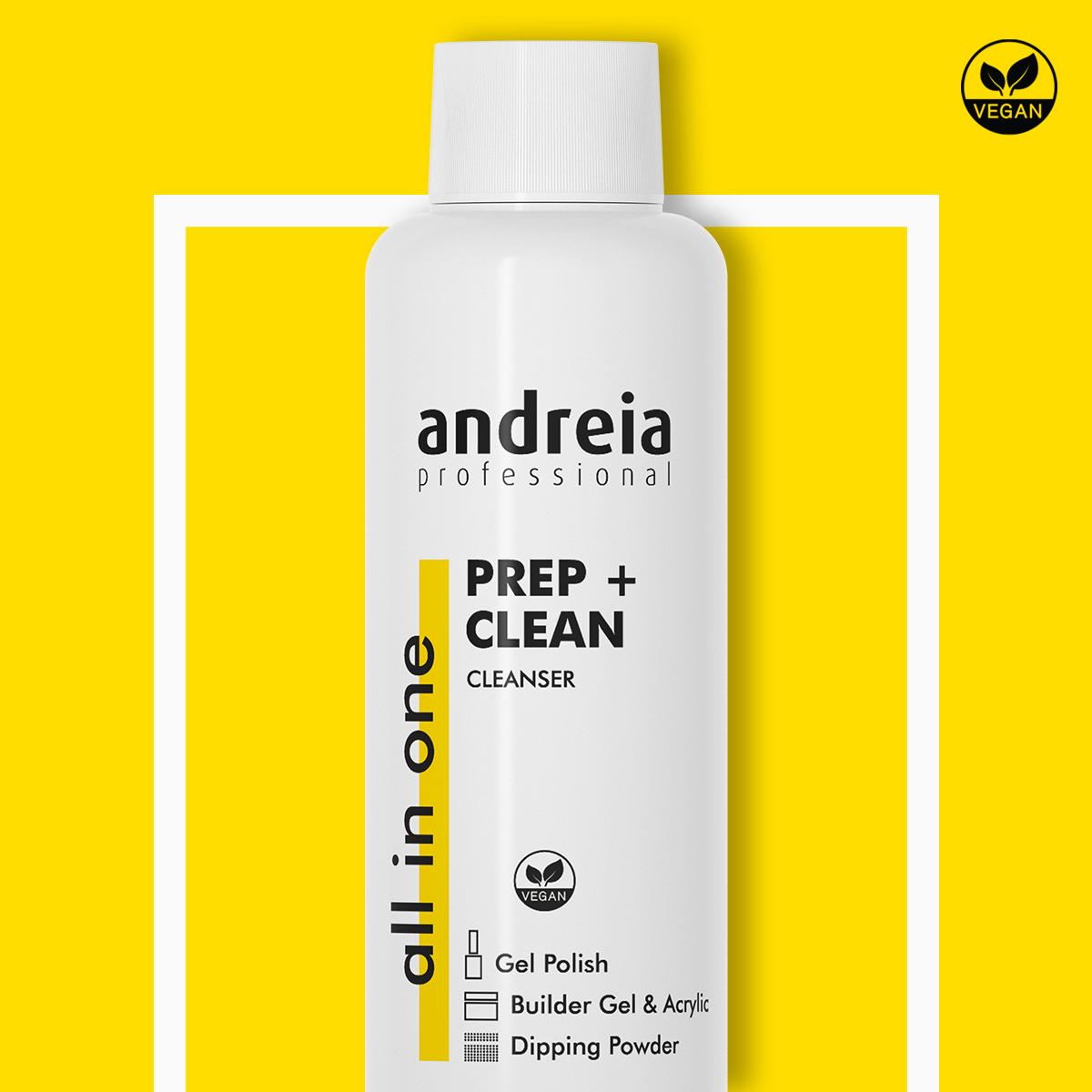 Frasco branco do produto Andreia Professional Prep + Clean Cleanser, com texto preto e amarelo, selo VEGAN, fundo amarelo.