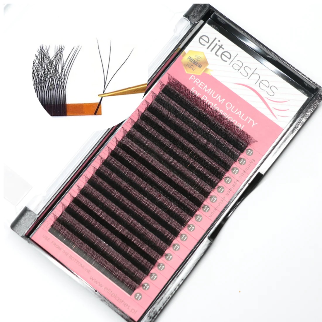 Caixa de pestanas pretas elitelaSHES com numeração e embalagem rosa e transparente