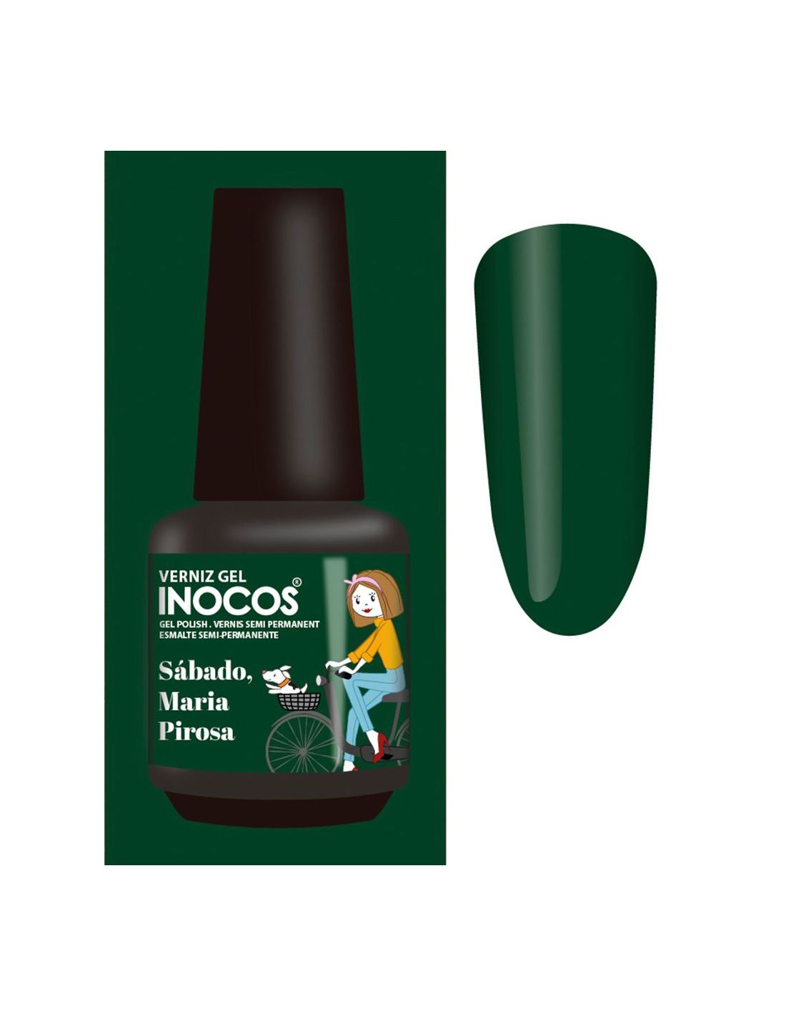 Frasco de verniz gel INOCOS verde escuro com tampa preta e ilustração de menina numa bicicleta