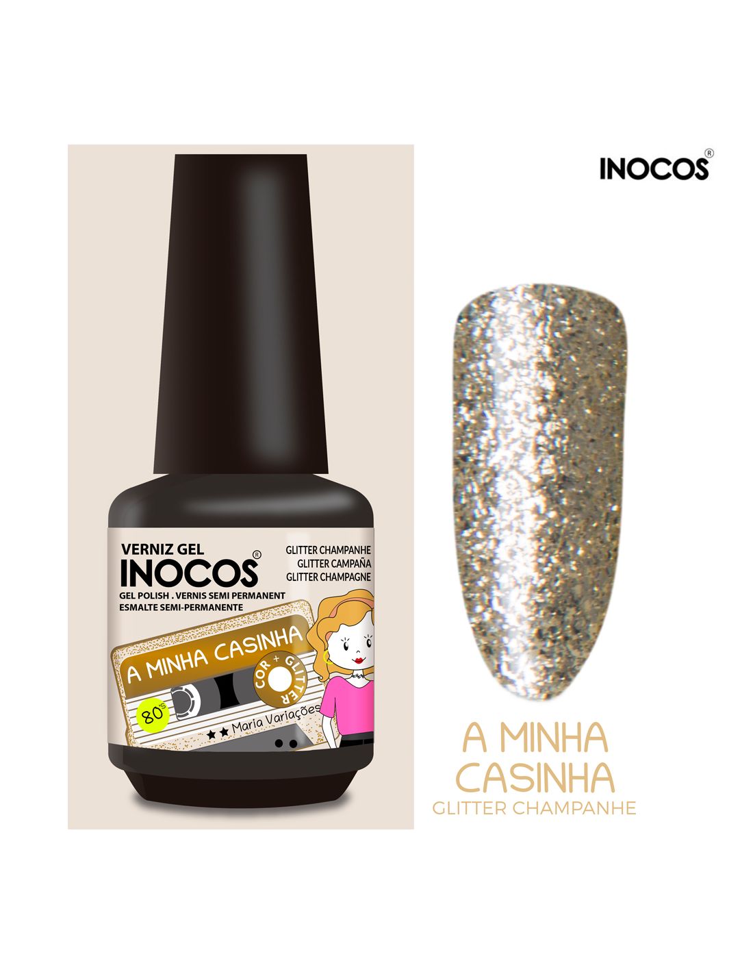 Frasco de verniz gel Inocos, cor glitter champanhe, rótulo com desenho e texto