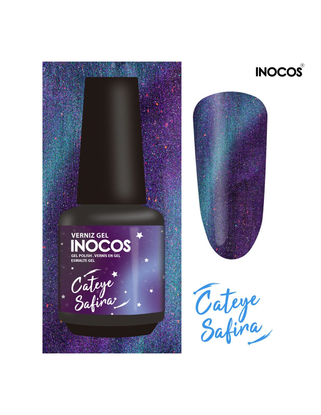 Frasco de verniz gel Inocos CatEye Safira com amostra da cor