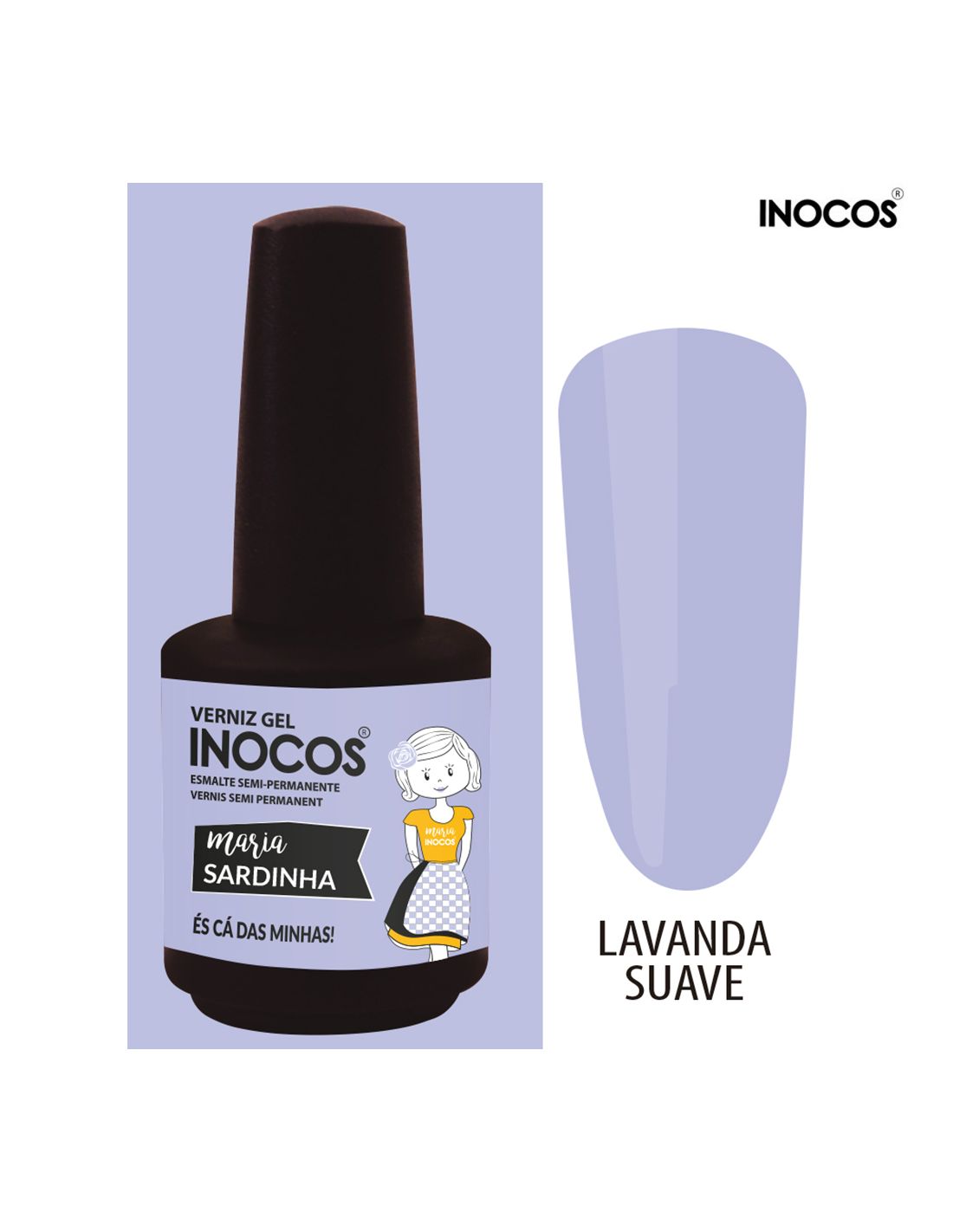 Frasco de verniz gel Inocos lavanda suave com rótulo e amostra da cor