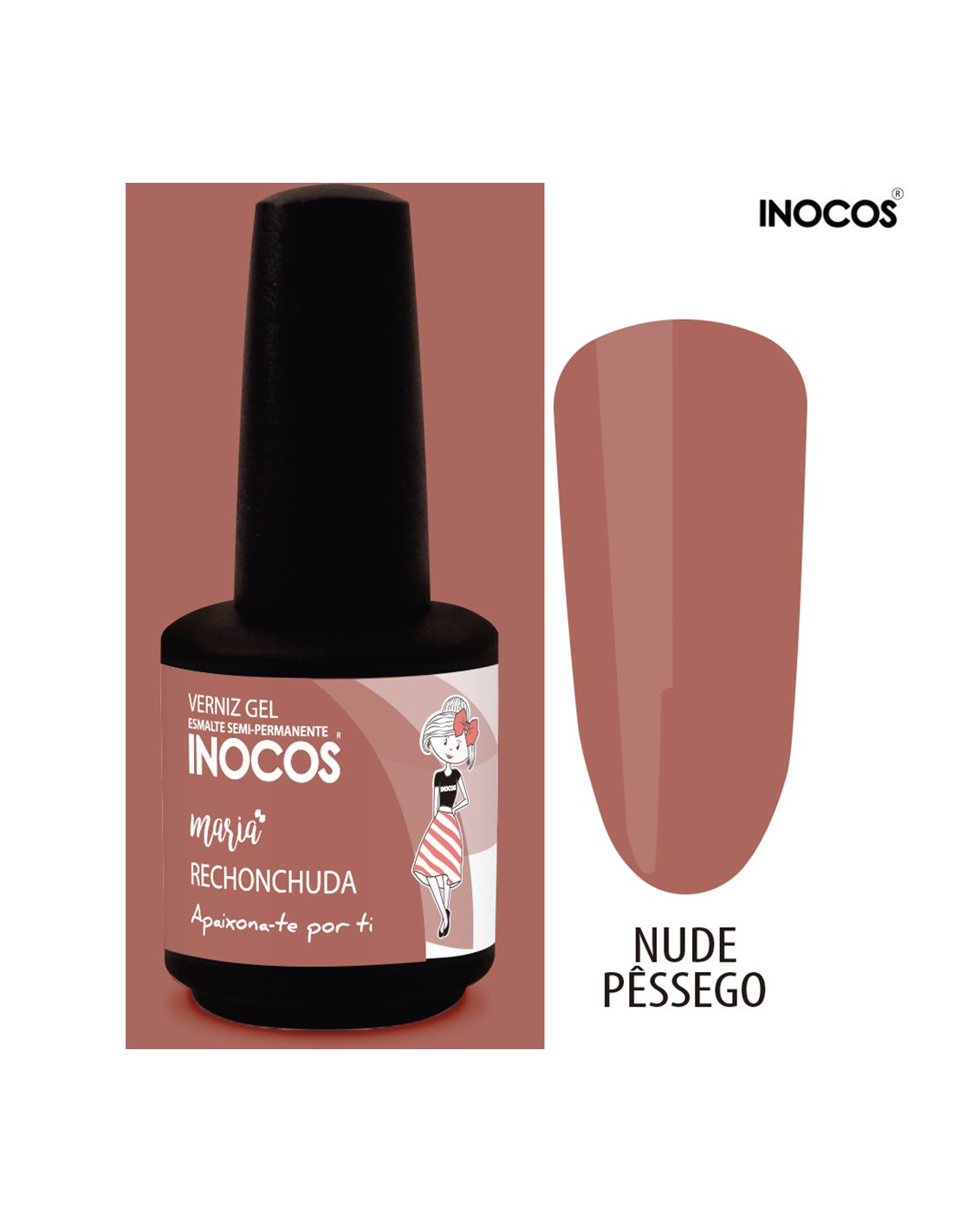 Frasco de verniz gel INOCOS cor nude pêssego com texto e ilustração