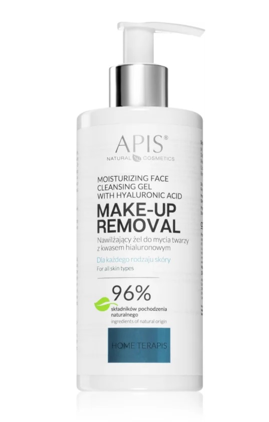 Frasco branco com gel de limpeza facial hidratante APIS com dispensador e texto informativo