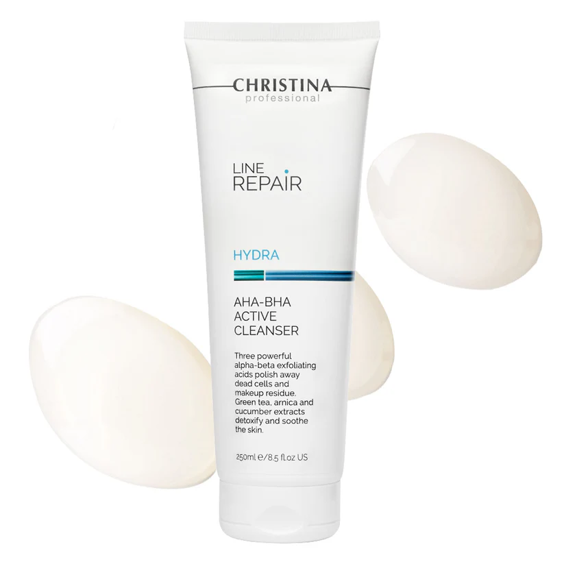 Tubo branco de creme CHRISTINA LINE REPAIR HYDRA AHA-BHA ACTIVE CLEANSER com gotas do produto em fundo branco