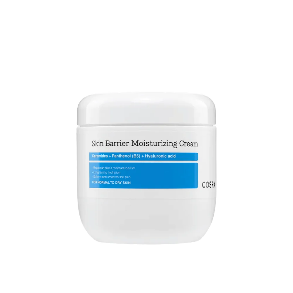 Frasco branco de creme hidratante Skin Barrier Moisturizing Cream da COSRX com etiqueta azul e branca