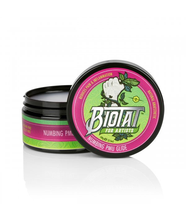 Creme anestésico BIOTAT num recipiente preto com tampa roxa e verde