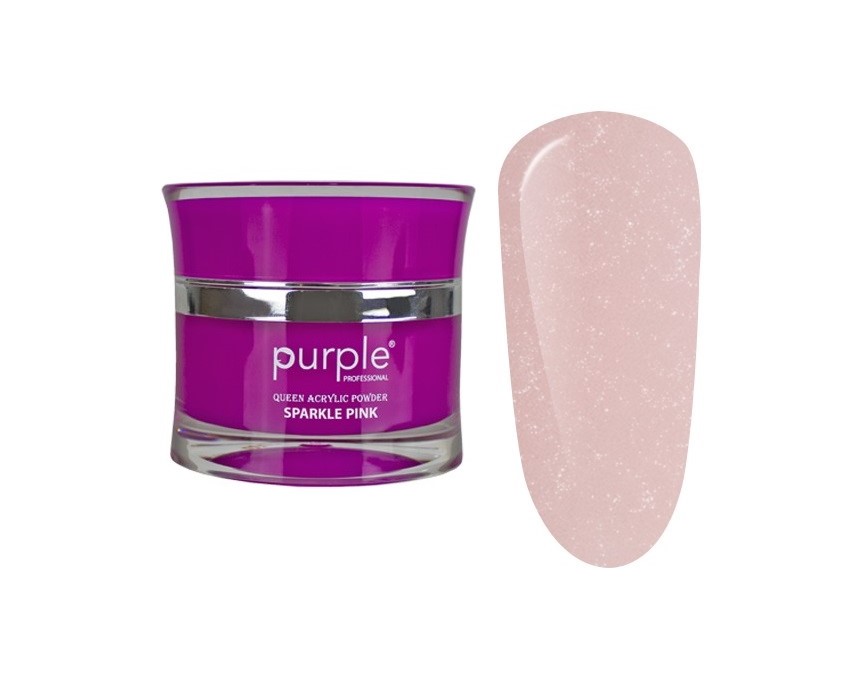 Frasco de pó acrílico para unhas cor rosa cintilante com amostra da cor aplicada