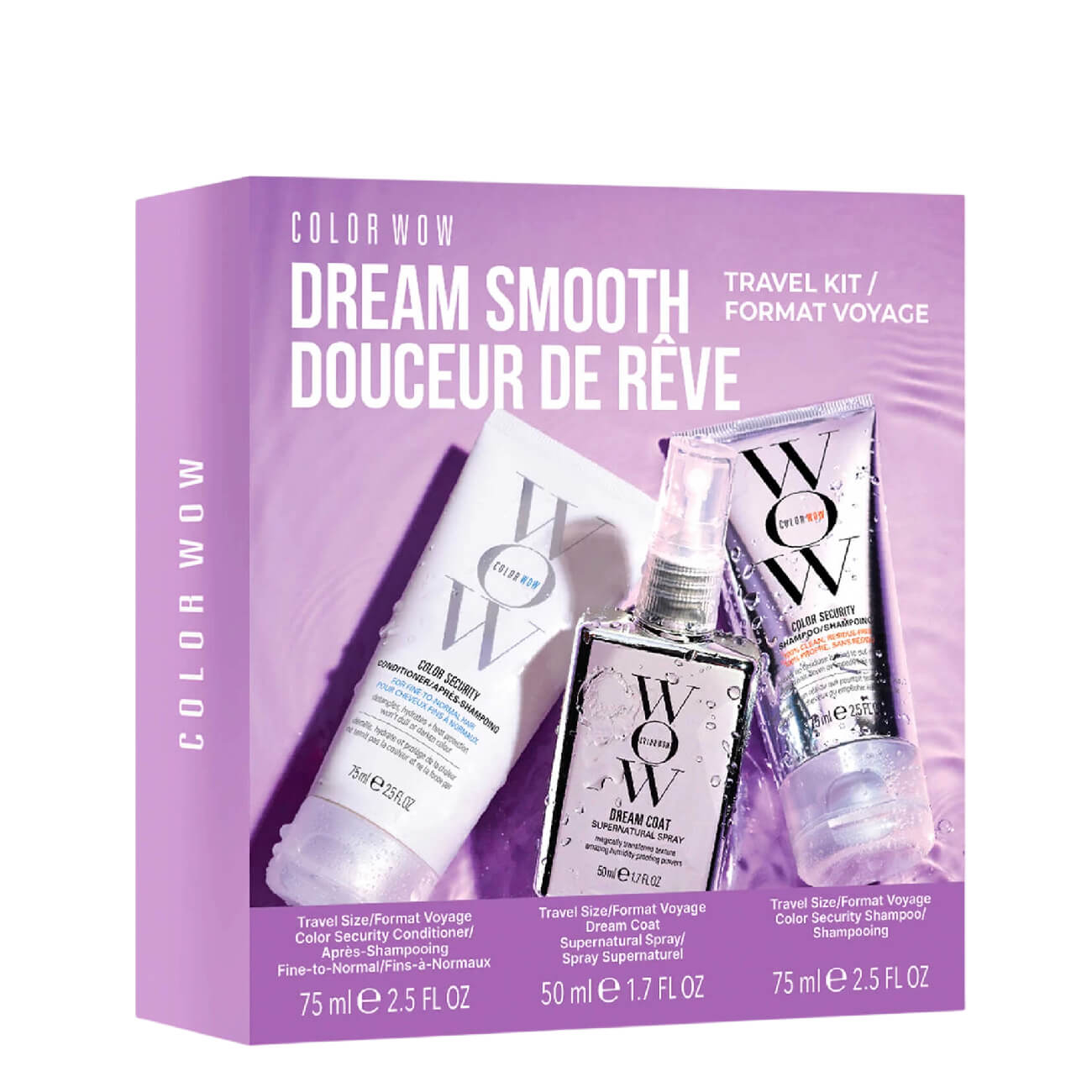 Kit de viagem Color Wow Dream Smooth com três produtos para cabelo em embalagem lilás